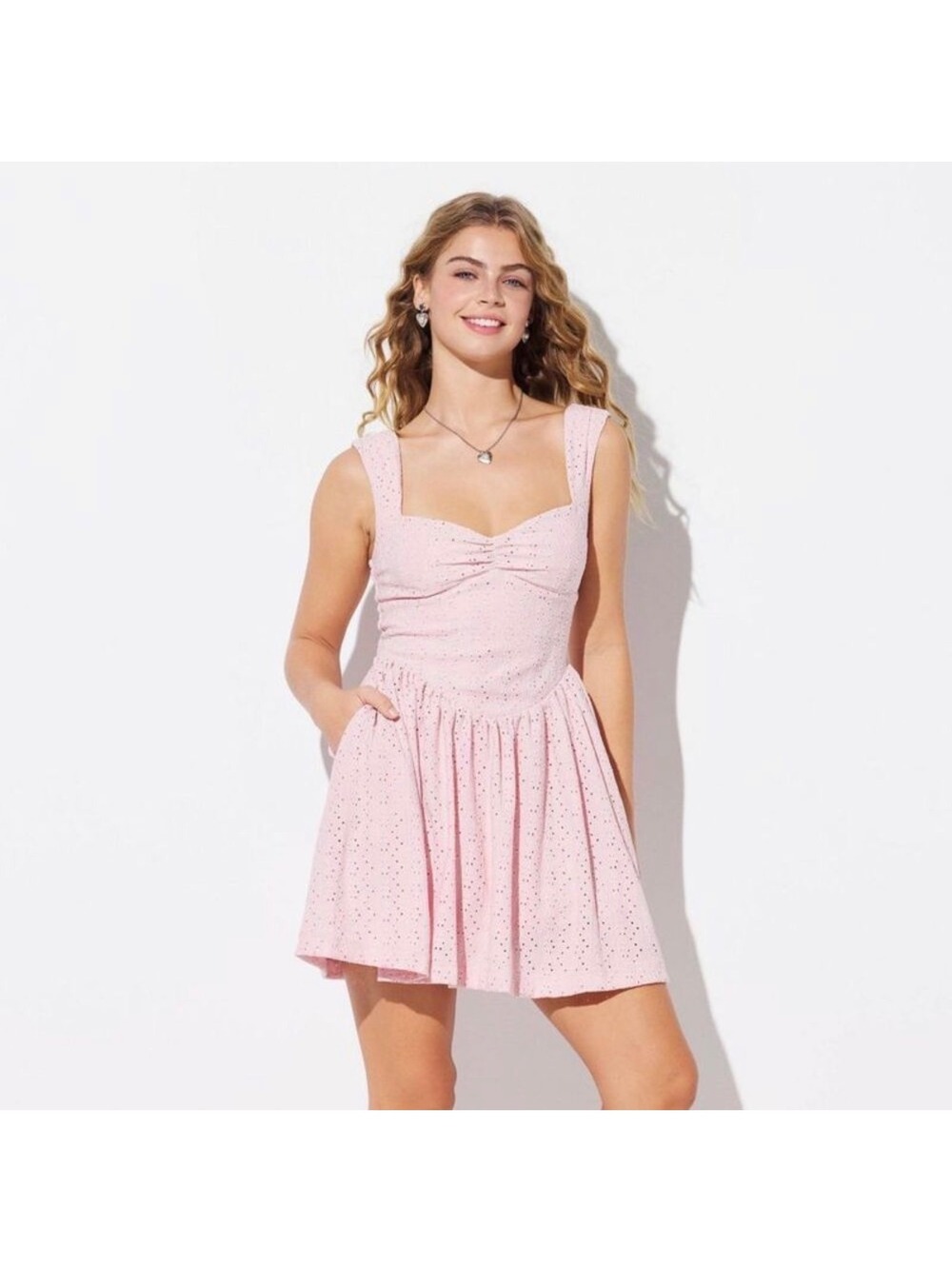 Wild Fable Pink Eyelet Mini Dress with Pockets, Size M